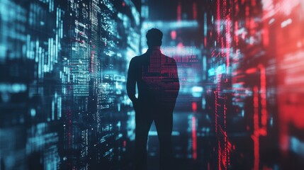 Leinwandbilder - Dynamic trading environment with a silhouetted figure surrounded by patterns of data