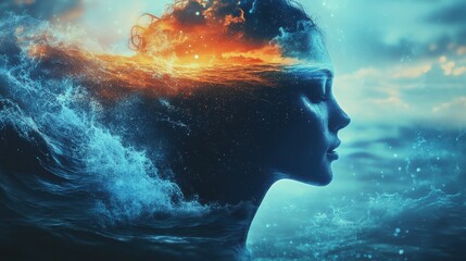 Aufkleber - Surreal representation of a glowing woman merging with ocean waves at sunset