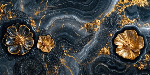 Wall Mural - Gold Flowers on Marble