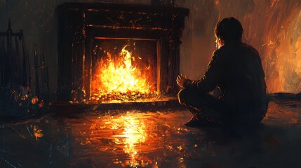 Aufkleber - A figure kneeling in front of a fireplace, the last embers glowing faintly, hands stretched toward the warmth, their face lit by the dying light, tears glistening as the room fades into darkness