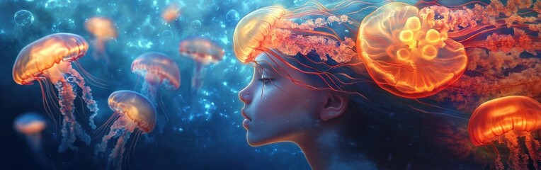 Aufkleber - Child's profile surrounded by vibrant jellyfish in a serene underwater setting