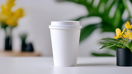 Sticker - White Coffee Cup on Table with Yellow Flowers and Green Plants