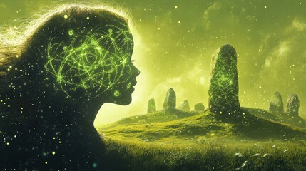 Aufkleber - Child's profile silhouette against a mystical green landscape with ancient stones and ethereal light elements