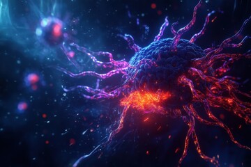 Aufkleber - Magnified human cell under viral attack with vivid colors and intricate structure portrayed in a microscopic view. Generative AI
