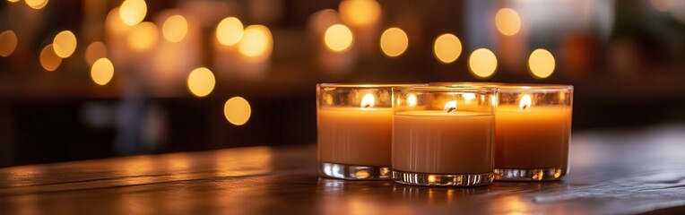 Aufkleber - Warm ambiance created by glowing candles against a rich brown and amber bokeh background in a cozy setting