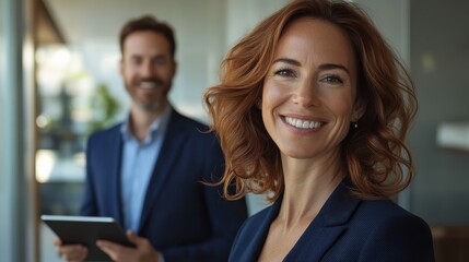 Aufkleber - Professional woman with auburn hair smiles confidently in modern office setting