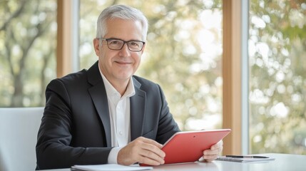 Poster - Professional middle-aged man working with a tablet in a bright, modern office setting during daytime hours