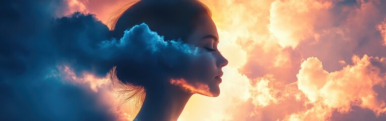 Poster - Mystical profile of a woman blending with clouds during a sunset in a dreamlike atmosphere