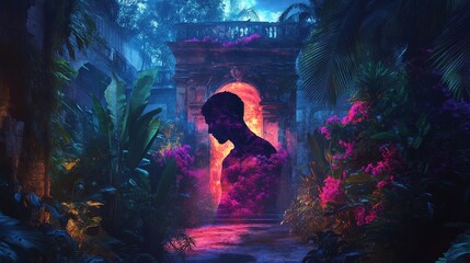 Poster - Mystical glow of a man surrounded by vibrant foliage in an enchanted garden at twilight
