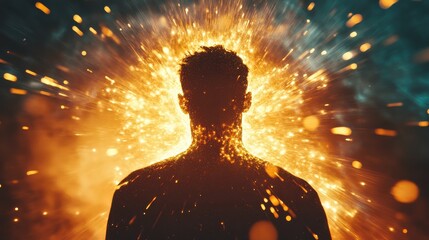 Aufkleber - Man radiating light amidst a vibrant explosion of sparks, capturing the essence of transformation and energy
