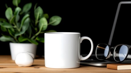 Sticker - White Mug on Wooden Desk with Laptop and Plant