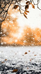 Wall Mural - Winter Wonderland  Snowflakes Falling on Snowy Ground with Autumn Leaves and Bokeh