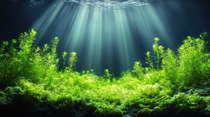 Poster - Underwater scene with sunbeams and green plants.