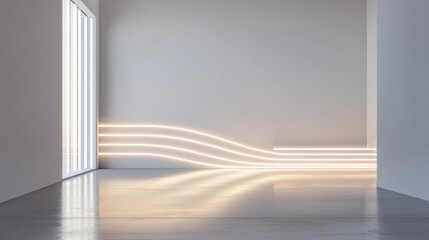 Poster - Minimalist interior with glowing lines on wall and smooth floor