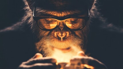 Canvas Print - A wise old chimpanzee, wearing glasses, gazes intently at a small light source held in his hands, the warm glow illuminating his face and fur.