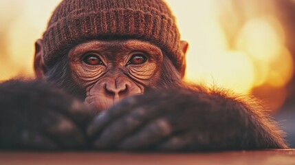 Poster - A young bonobo ape wearing a knitted hat looks pensively at the camera in a close-up shot. The warm sunset hues illuminate the scene.