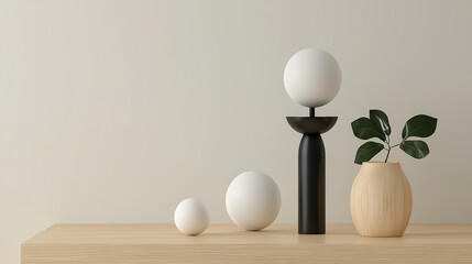 Poster - Minimalist decor with geometric shapes and plant on wooden table