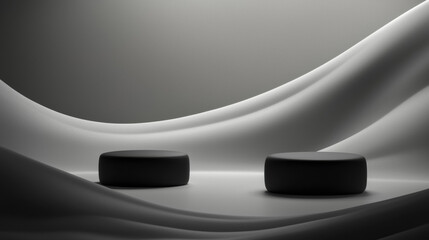 Fototapete - Minimalist design with two black round stools on smooth fabric