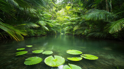 Wall Mural - Lush tropical jungle with serene water and large lily pads