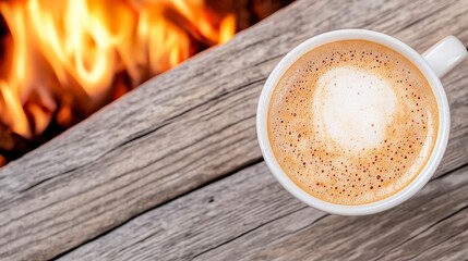 Wall Mural - Warm Coffee in White Cup Next to Cozy Fireplace Flames