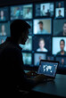© klimoha237 - A man in silhouette using a laptop to narrow down images of people on multiple screens, symbolizing the concept of video surveillance and advanced artificial intelligence technology for case managemen