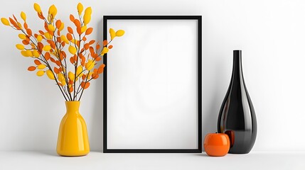 Poster - Autumnal Minimalist Home Decor Mockup with Yellow Vase and Black Vase