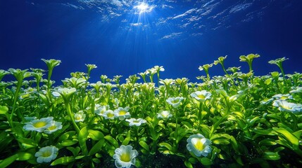 Wall Mural - Underwater white flowers and sunbeams.