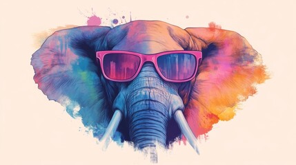 Wall Mural - Cool elephant in vibrant watercolor sunglasses.  A stylish and artistic portrait.