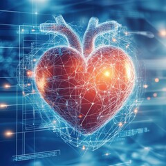 Aufkleber - Glowing red heart with dynamic cardiogram representing heart health and technology in a modern digital environment. Generative AI