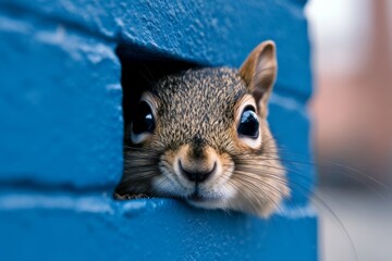 Canvas Print - Adorable squirrel peeking from a hole in a blue wall.  Its curious expression and fluffy fur are captivating.