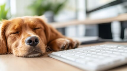 Poster - Sweet dreams! This adorable golden retriever puppy is taking a nap on a desk near a keyboard.  Peaceful and heartwarming.