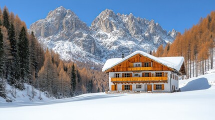 Poster - Wooden chalet in snowy mountains.