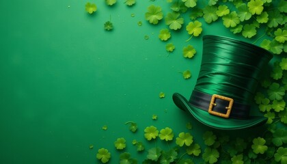 st. patrick's day green background with leprechaun hat and gold coins