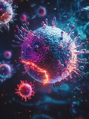 Aufkleber - Magnified view of a human cell under attack by a virus in a dynamic microscopic environment. Generative AI