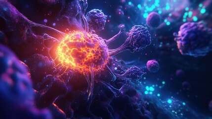Fototapete - Glowing cell surrounded by numerous menacing viruses in a vibrant microscopic environment. Generative AI