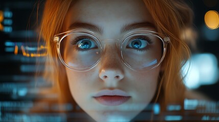 Focused young woman programmer looking at screen.
