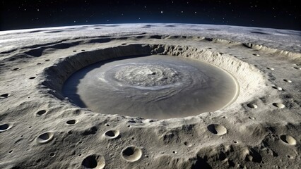 Wall Mural - A large crater with a bright rim and dark center on the surface of the moon, space science, astronomy stock photo, space exploration, space rock