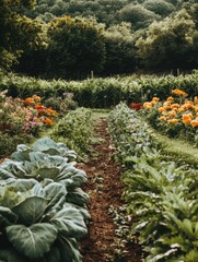 Aufkleber - Lush vegetable garden filled with vibrant crops and blooming flowers showcasing natures bounty in a sunny outdoor setting. Generative AI