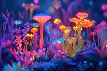 Aufkleber - Unique microscopic ecosystem showcasing vibrant, glowing microbes in a magical underwater setting. Generative AI