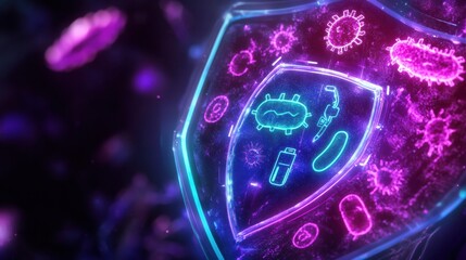 Fototapete - Shield designed to deflect and protect against harmful microbes in a vibrant digital representation of safety. Generative AI