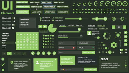 A modern UI kit featuring a collection of buttons, icons, navigation menus, and responsive design elements. Includes login forms, media players, search bars, and calendars, ideal for apps, websites