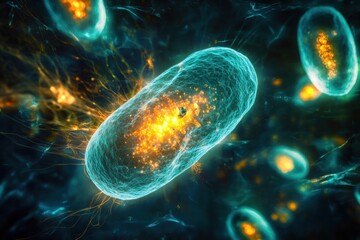 Aufkleber - Human cell under attack by virus in a highly magnified microscopic view showcasing cellular interactions and defenses. Generative AI