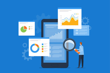 Aufkleber - business analytics on web report dashboard monitor concept and flat vector illustration design data analytics research for business finance investment planning concept