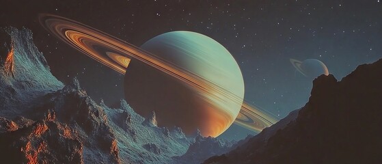 Stunning view of Saturn with rings over alien landscape featuring mountains and stars in clear night sky