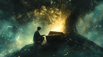 Aufkleber - A man uncovering a chest buried beneath the roots of an ancient tree, its interior glowing faintly as he peers inside, framed by shadows and soft light