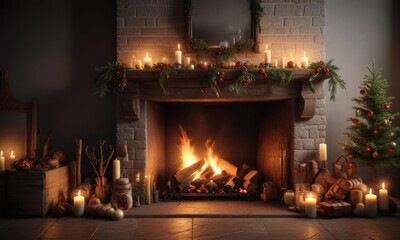 Wall Mural - A crackling fireplace with Christmas decorations and candles, flames, darkness, landscape