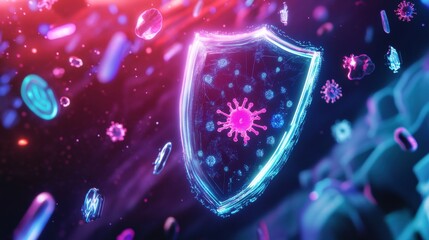 Fototapete - Shield deflecting harmful microbes and enhancing safety in a vibrant digital environment. Generative AI