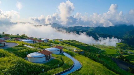 Wall Mural - Aerial view of charming geothermal powered rural villages nestled in a picturesque mountain landscape featuring eco friendly architecture and colorful terraced fields and slopes