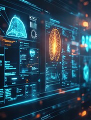 Fototapete - Diagnostic medical data displayed on a futuristic screen showcasing lung and brain scans. Generative AI