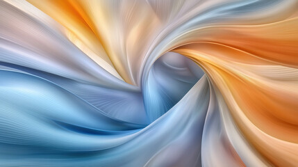 Leinwandbilder - Swirling abstract fabric in soft hues of orange and blue creates dynamic flow. smooth texture and gentle curves evoke sense of calm and movement